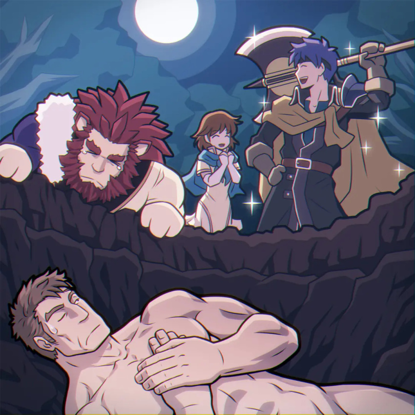 1girl, 3boys, adam's_apple, animal_ears, axe, battle_axe, beard, blue_hair