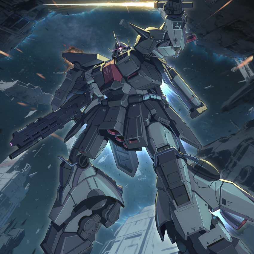 artist_request, beam_cannon, beam_rifle, cable, damaged, debris, energy_gun, energy_sword, gundam, gundam_unicorn, gundam_zz, highres, mecha, mecha_focus, mobile_suit, neo_zeon, no_humans, one-eyed, radio_antenna, realistic, robot, ruins, scene_reference, science_fiction, shield, shoulder_spikes, space, space_habitat, spikes, sword, thrusters, weapon, zaku_iii, zaku_iii_custom, zero_gravity
