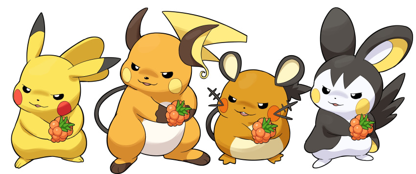 berry_(pokemon), commentary_request, dedenne, emolga, golden_razz_berry, highres, holding, no_humans, parted_lips, photo-referenced, pikachu, pokemoa, pokemon, pokemon_(creature), pokemon_focus, raichu, simple_background, tail, white_background, wings