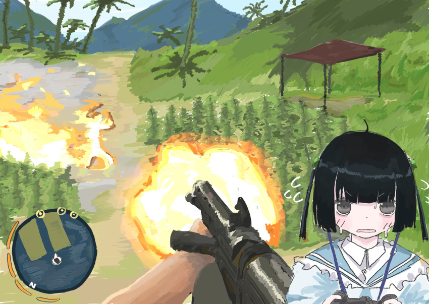 1boy, 1girl, black_hair, blue_sailor_collar, bob_cut, commentary_request, controller, dot_nose
