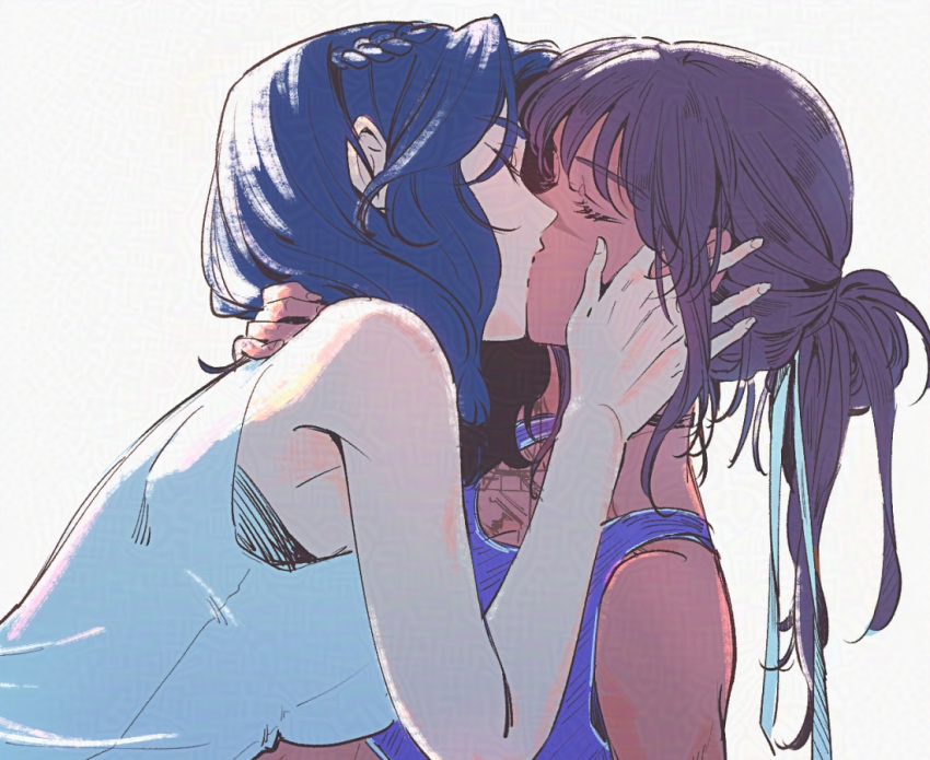 2girls, black_hair, breasts, brown_hair, clair_obscur:_expedition_33, closed_eyes, commentary_request, hair_ribbon