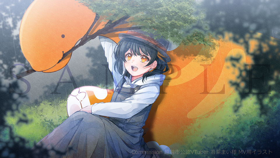 1girl, :d, arm_up, black_hair, branch, check_copyright, commentary_request, copyright_request