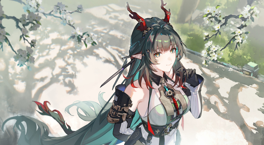 1girl, arknights, arknights:_endfield, bare_shoulders, black_gloves, black_hair, breasts, chinese_commentary, closed_mouth, commentary_request, day, detached_sleeves, dragon_horns, dress, eastern_dragon_horns, flower, gloves, green_eyes, green_hair, grey_hair, hand_up, highres, horns, large_breasts, leaning_forward, long_hair, looking_at_viewer, multicolored_hair, outdoors, pear_blossoms, pointy_ears, red_hair, smile, solo, standing, tail, very_long_hair, white_dress, white_flower, yan_huai_an, zhuang_fangyi_(arknights)