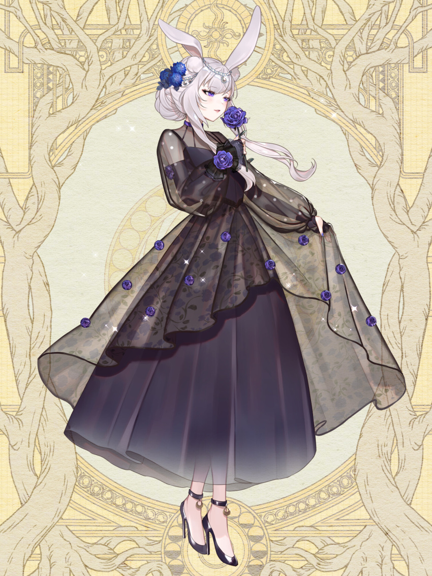 1girl, animal_ears, bell, black_dress, black_shoes, dairoku_ryouhei, dress, flower