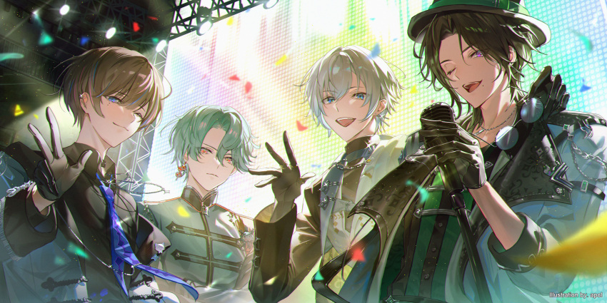 4boys, apol_(ap_is_apol), aqua_hair, black_gloves, black_hair, blue_eyes, blue_necktie, brown_hair