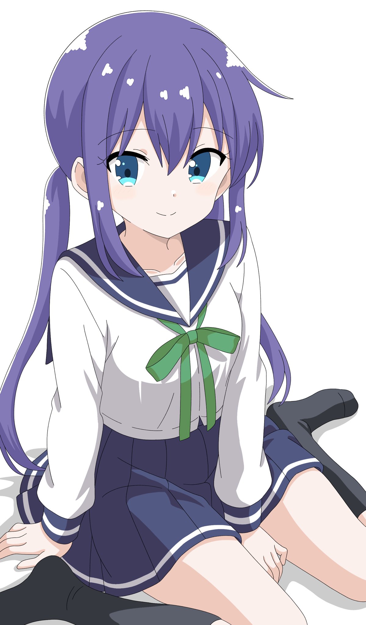 1girl, blue_eyes, blue_hair, blue_sailor_collar, blue_skirt, commentary_request, green_ribbon, highres, jin_1116, kneeling, koisuru_asteroid, long_hair, looking_at_viewer, manaka_ao, neck_ribbon, pleated_skirt, ribbon, sailor_collar, school_uniform, skirt, smile, twintails