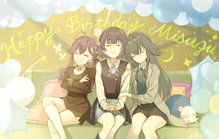 13seisei, 3girls, ahoge, arm_hug, black_jacket, black_overskirt, black_skirt, black_vest, blue_ribbon, blue_skirt, blunt_bangs, box, braid, butterfly_hair_ornament, character_name, closed_eyes, closed_mouth, coat, collared_shirt, commentary_request, couch, cropped_jacket, crossed_arms, crossed_legs, facing_viewer, flower, gakuen_idolmaster, gift, gift_box, gokugetsu_academy_school_uniform, green_hair, green_shirt, grey_coat, hair_flower, hair_ornament, happy_birthday, hataya_misuzu, hatsuboshi_gakuen_school_uniform, highres, idolmaster, jacket, kaya_rinha, long_hair, miniskirt, mole, mole_under_mouth, multiple_girls, neck_ribbon, on_couch, open_mouth, pillow, pleated_skirt, purple_flower, ribbon, school_emblem, school_uniform, shirt, short_hair, side_braid, sitting, skirt, sleeping, sleeping_on_person, sleeping_upright, smile, stuffed_hedgehog, stuffed_toy, tsukimura_temari, twintails, vest, white_flower, white_shirt