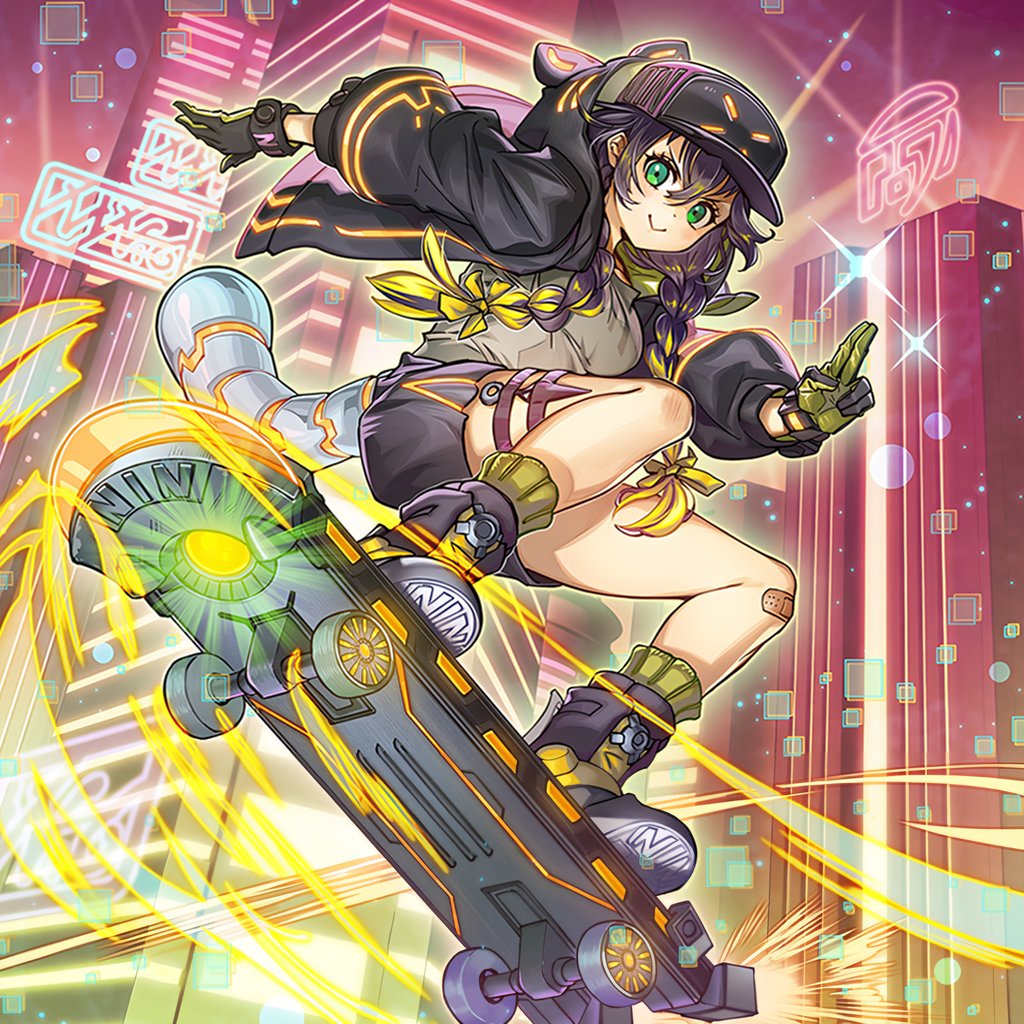 anonymous_(yu-gi-oh!), baseball_cap, braid, building, commentary_request, fake_tail, game_cg, gloves, green_eyes, hat, jacket, kunai, midair, neon_lights, neyqiigrpaer, official_alternate_costume, s-force_rappa_chiyomaru, s:p_little_knight, shoes, skateboard, smile, tail, thigh_strap, third-party_source, twin_braids, weapon, yu-gi-oh!, yu-gi-oh!_master_duel