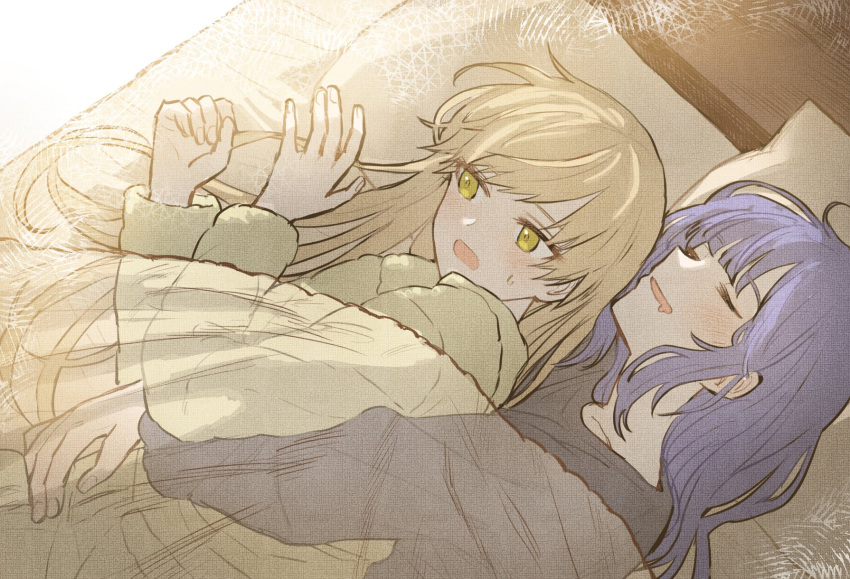 2girls, alternate_costume, black_shirt, blonde_hair, blue_hair, closed_eyes, drooling, green_eyes
