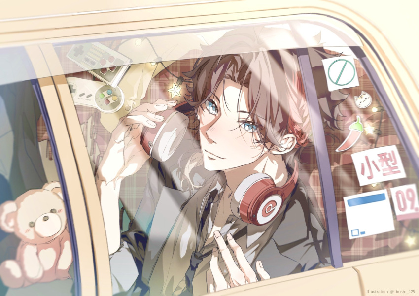 1boy, black_necktie, blue_eyes, braid, brown_hair, cat, commentary, controller
