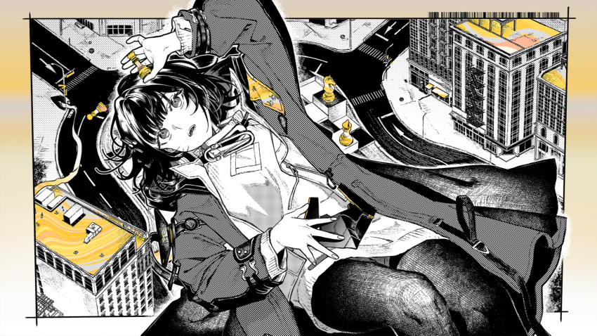 1girl, arknights, arknights:_endfield, barcode, bishop_(chess), blindfold_mask, building, chess_piece