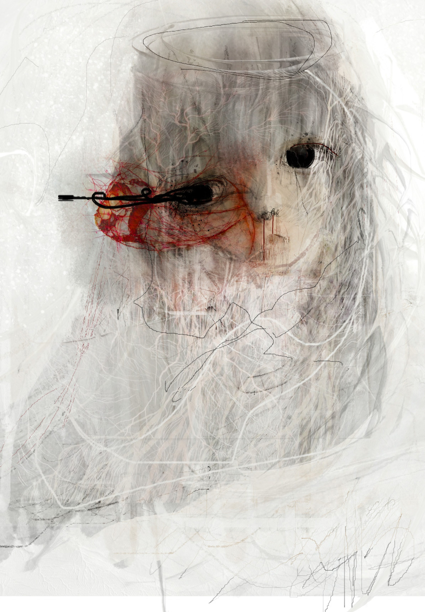 1girl, abstract, absurdres, black_eyes, blood, disembodied_mouth, double_exposure, facing_viewer