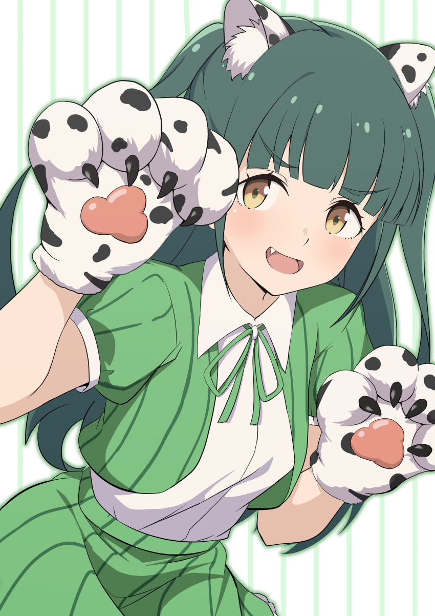 1girl, absurdres, animal_hands, blunt_bangs, commentary_request, cowboy_shot, fang, gloves