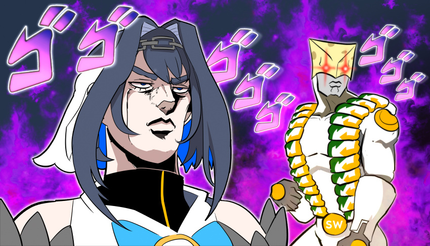 1girl, 1other, absurdres, araki_hirohiko_(style), aura, blue_eyes, blue_hair, chain