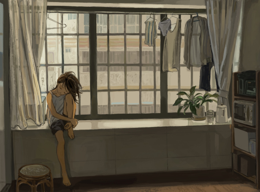 1girl, black_shorts, brown_hair, closed_eyes, clothes_hanger, collarbone, cup, curtains
