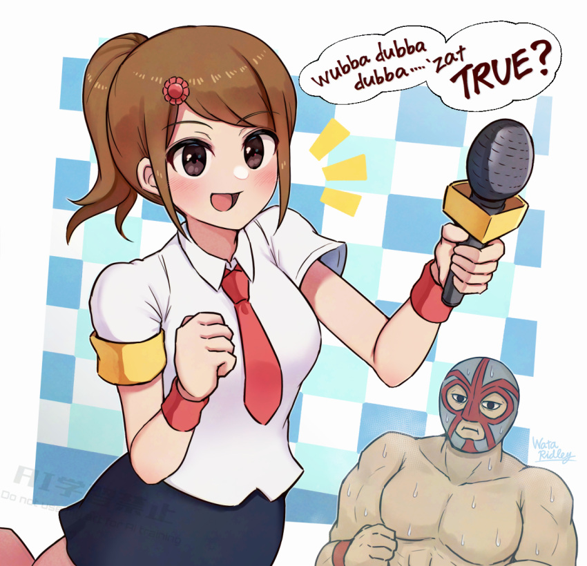 1boy, 1girl, blush, brown_eyes, brown_hair, collared_shirt, commentary_request, english_text