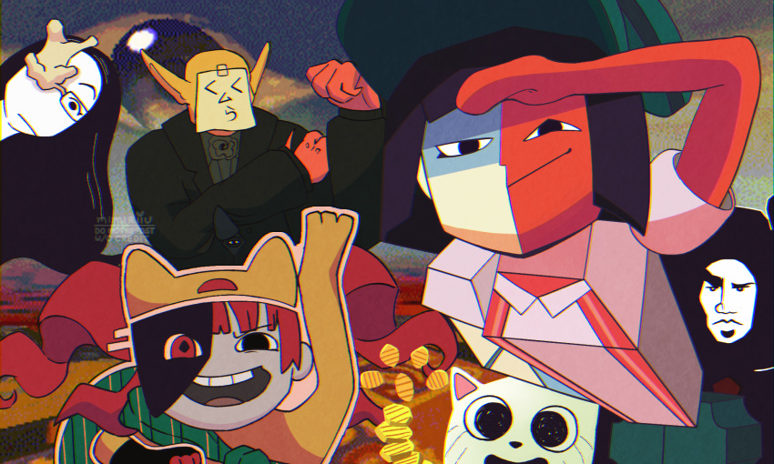 3boys, 3girls, animal_hat, bald, black_eyes, black_hair, blunt_bangs, blunt_ends