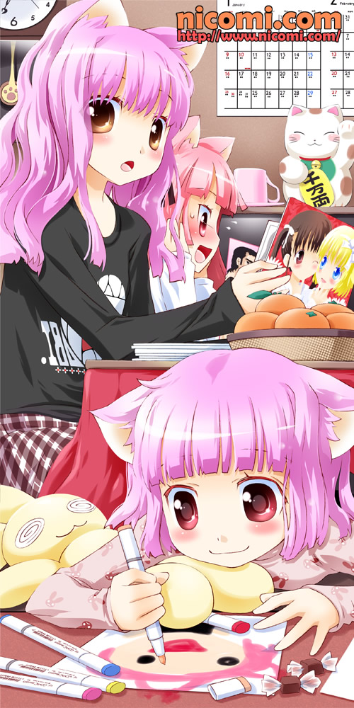 :d, :o, animal_ears, blush, casual, cat_ears, drawing, fujoshi