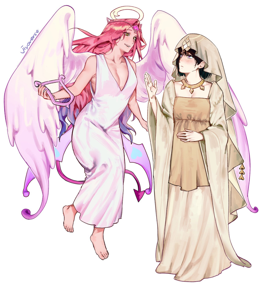 2girls, alien_stage, angel_wings, barefoot, black_hair, chinese_clothes, closed_mouth, commentary, cookie_run, cookie_run:_kingdom, cosplay, demon_tail, dress, english_commentary, eternal_sugar_cookie, eternal_sugar_cookie_(cosplay), halo, highres, holding, holding_instrument, instrument, jiyoverse, long_hair, lyre, mizi_(alien_stage), multiple_girls, mystic_flour_cookie, mystic_flour_cookie_(cosplay), pink_hair, short_hair, signature, sleeveless, sleeveless_dress, sua_(alien_stage), tail, veil, very_long_hair, violet_eyes, white_dress, wings, yellow_eyes