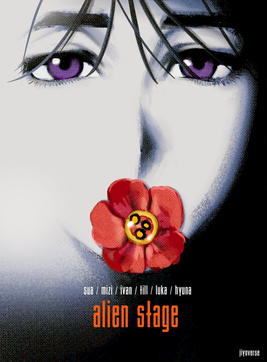 1girl, alien_stage, artist_name, character_name, commentary, copyright_name, covered_mouth, english_text, flower, flower_over_mouth, hashtag-only_commentary, highres, jiyoverse, poster_redraw, red_flower, solo, spot_color, sua_(alien_stage), the_silence_of_the_lambs, violet_eyes