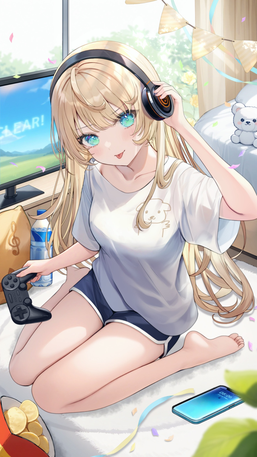 1girl, ahoge, aqua_eyes, aria_(ariacue), bare_legs, barefoot, bed, blonde_hair, blue_shirt, bottle, cellphone, chips_(food), collarbone, commentary_request, confetti, controller, curtains, cushion, flat_screen_tv, food, full_body, game_controller, headphones, highres, holding, holding_controller, holding_game_controller, indoors, kambara_asahi, long_hair, parallel_artist_project, phone, potato_chips, shirt, short_sleeves, sitting, solo, streamers, stuffed_animal, stuffed_toy, t-shirt, teddy_bear, television, tongue, tongue_out, virtual_youtuber, wariza, water_bottle, white_shirt