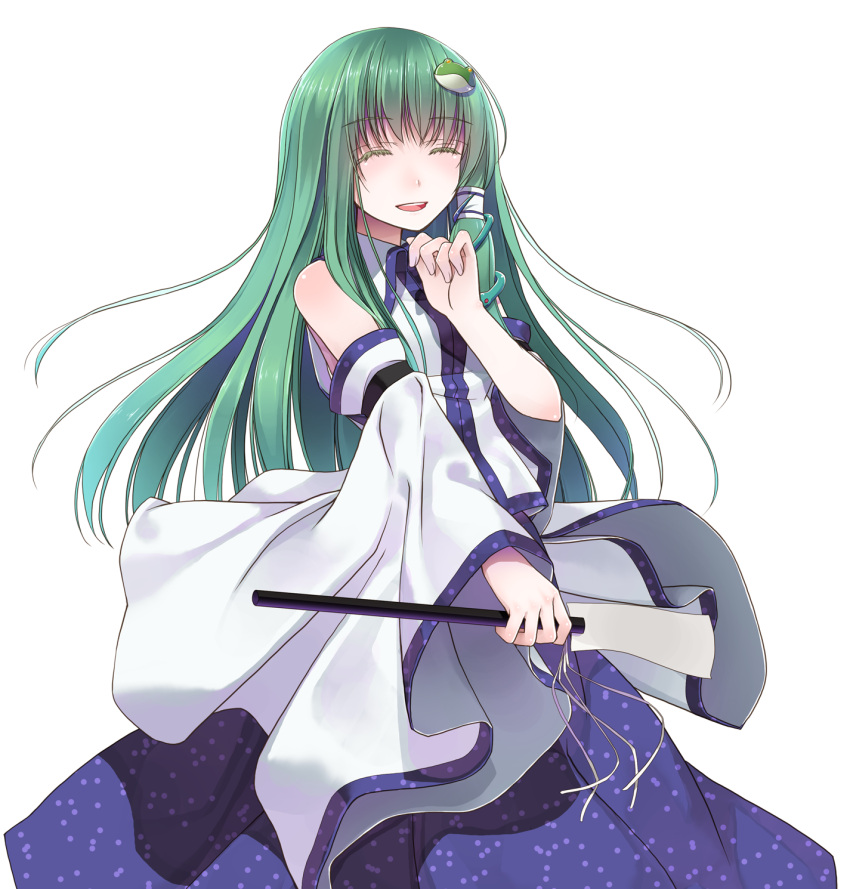 1girl, :d, ^_^, bare_shoulders, blue_skirt, blue_trim, closed_eyes, collared_shirt