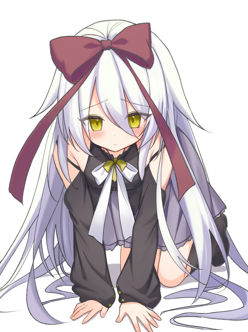1girl, absurdres, all_fours, armpit_crease, bare_shoulders, black_boots, black_shirt, blush