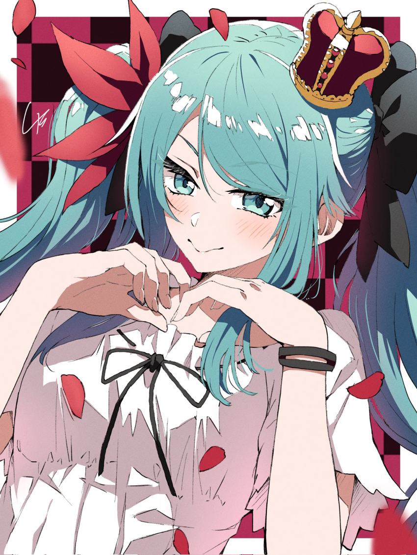 1girl, 4b-enpitsu, aqua_eyes, aqua_hair, black_bow, black_ribbon, blurry, blurry_foreground