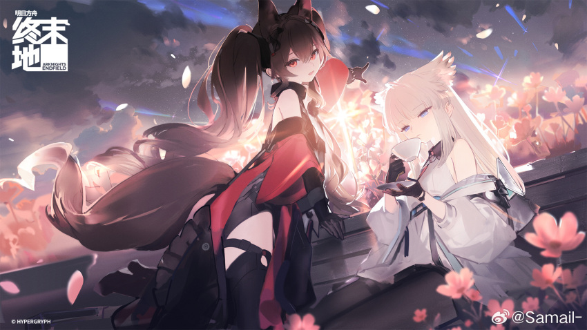 2girls, angelina_(arknights), animal_ears, arknights, arknights:_endfield, bare_shoulders, bird_ears, bird_girl