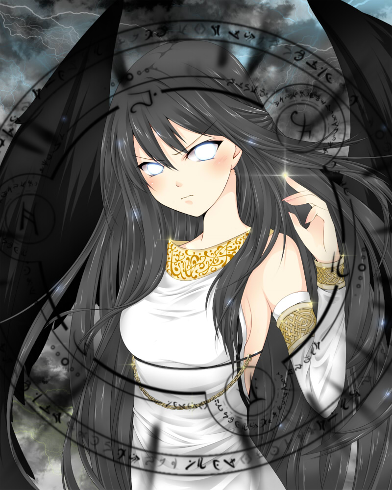 black_hair, breasts, detached_sleeves, glowing, glowing_eyes, long_hair, mabinogi, magic_circle