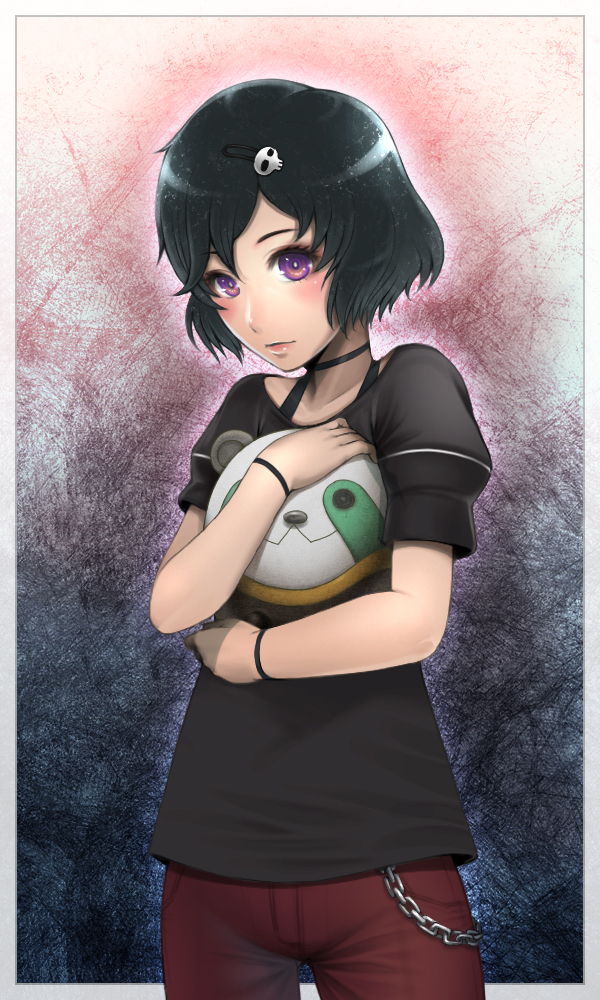 black_hair, casual, chain, chains, choker, hair_ornament, hairpin, male, purple_eyes, skull, skull_hair_ornament, solo, steins;gate, take9999, trap, urushibara_luka, urushibara_ruka, violet_eyes