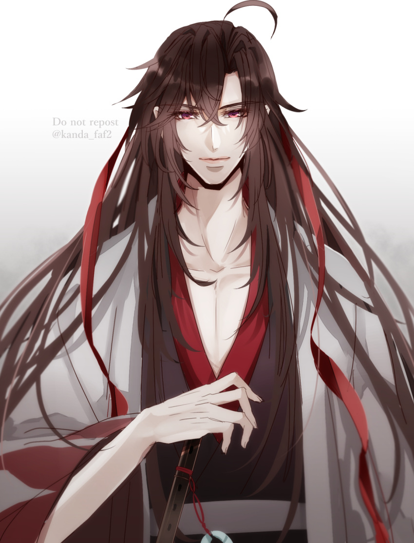 1boy, ahoge, bishounen, black_hair, black_hanfu, brown_hair, chenqing_flute, chinese_clothes
