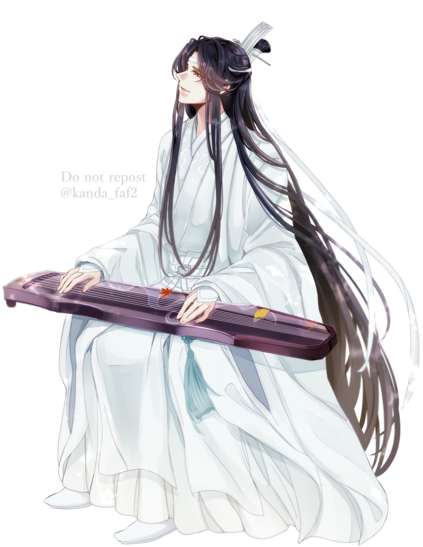1boy, black_hair, boots, chinese_clothes, closed_mouth, commentary_request, full_body, ginkgo_leaf
