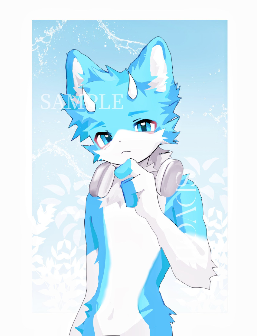 1boy, abstract_background, animal_ears, animal_nose, blue_eyes, blue_fur, blue_theme, body_fur, border, closed_mouth, commentary_request, furry, furry_male, headphones, headphones_around_neck, highres, horns, male_focus, original, sdvoit, solo, two-tone_fur, upper_body, white_border, white_fur, white_horns