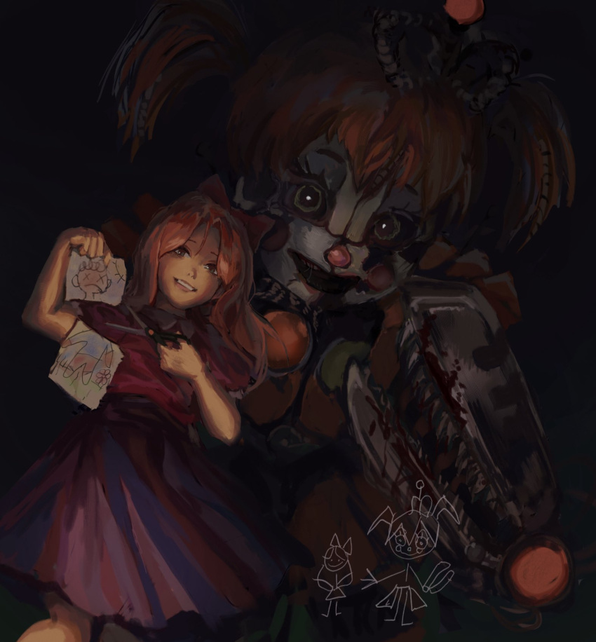 2girls, animatronic, anita1kys, blush_stickers, commentary, drawing_(object), elizabeth_afton, english_commentary