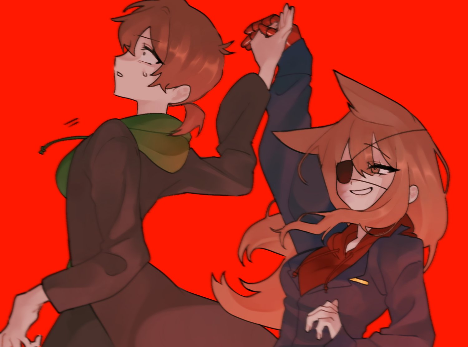 2girls, animification, antenna_hair, arm_up, black_coat, blue_coat, breasts, brown_eyes, brown_hair, burn_scar, coat, commentary_request, cosplay, dancing, doughkim3506, drawstring, edd_(eddsworld), eddsworld, ell_(eddsworld), eyepatch, future_edd_(eddsworld), future_edd_(eddsworld)_(cosplay), genderswap, genderswap_(mtf), green_hoodie, grin, hair_between_eyes, hair_ears, holding_hands, hood, hood_down, hoodie, korean_commentary, long_hair, long_sidelocks, long_sleeves, low_ponytail, mechanical_arms, medium_breasts, multiple_girls, name_tag, open_mouth, ponytail, red_background, red_hoodie, red_leader_(eddsworld), red_leader_(eddsworld)_(cosplay), scar, self_cosplay, short_hair, sidelocks, simple_background, single_mechanical_arm, smile, surprised, sweat, tord_(eddsworld), tori_(eddsworld), trench_coat, upper_body, very_long_hair, wide-eyed, yuri