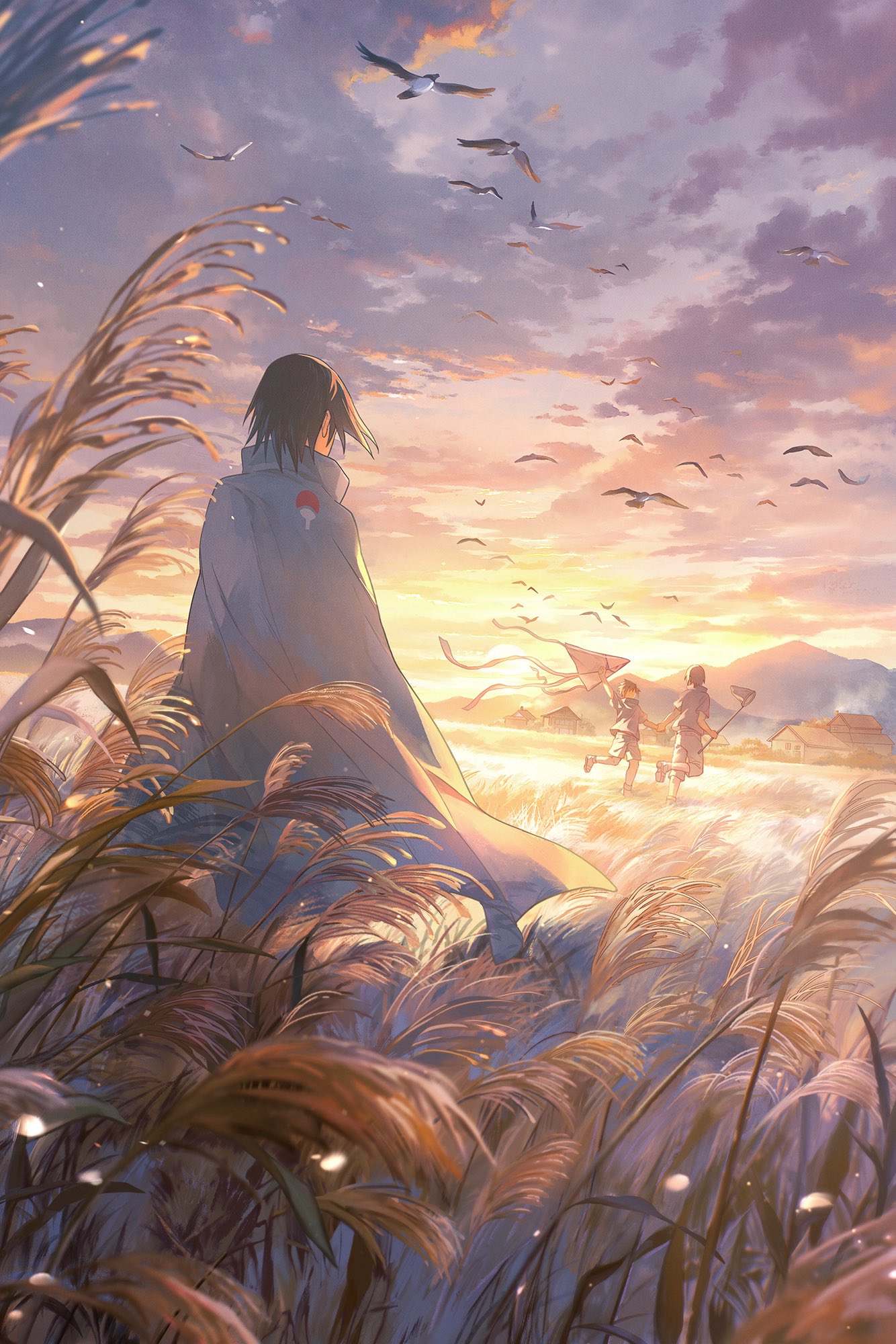 3boys, age_progression, bird, black_bird, black_coat, black_hair, brothers, butterfly_net, clouds, cloudy_sky, coat, commentary_request, hand_net, highres, holding, holding_butterfly_net, house, male_focus, mikzer, multiple_boys, naruto_(series), naruto_shippuuden, outdoors, running, short_hair, siblings, sky, standing, sun, sunset, uchiha_itachi, uchiha_sasuke, uchiha_symbol, wheat_field, yellow_sky