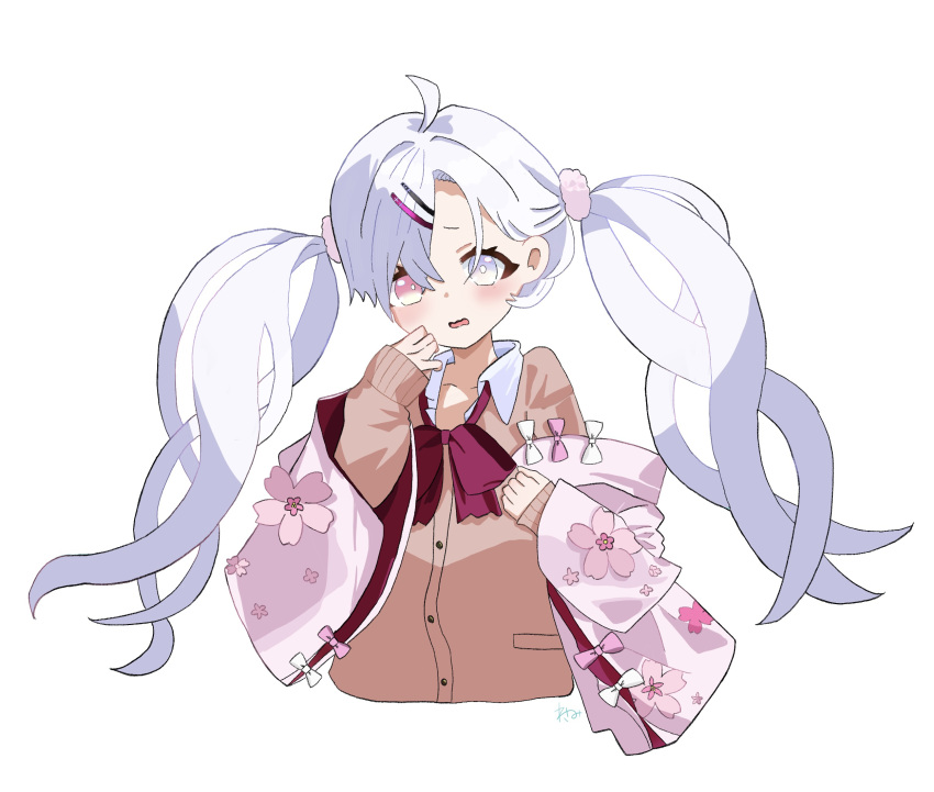 1girl, ahoge, asymmetrical_bangs, bow, bowtie, brown_sweater, collared_shirt, commentary_request, embarrassed, grey_eyes, hair_ornament, hairclip, heterochromia, highres, japanese_clothes, kimono, ku_0135, long_hair, murasaki_(reverseblue), pink_kimono, red_bow, red_bowtie, red_eyes, reverseblue_x_re-birthend, shirt, solo, sweater, twintails, very_long_hair, white_background, white_hair, white_shirt
