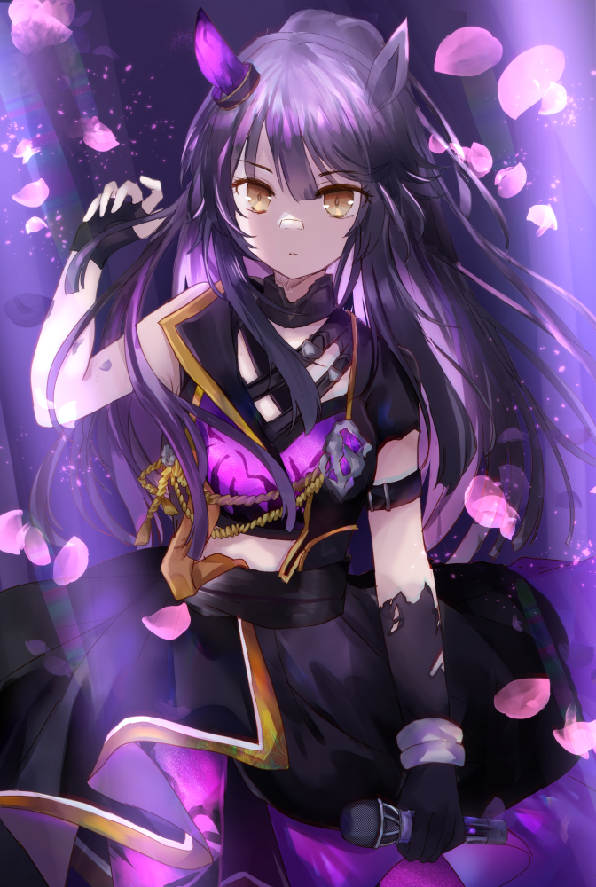 1girl, animal_ears, asymmetrical_gloves, bandaid, bandaid_on_face, bandaid_on_nose, black_gloves, black_hair