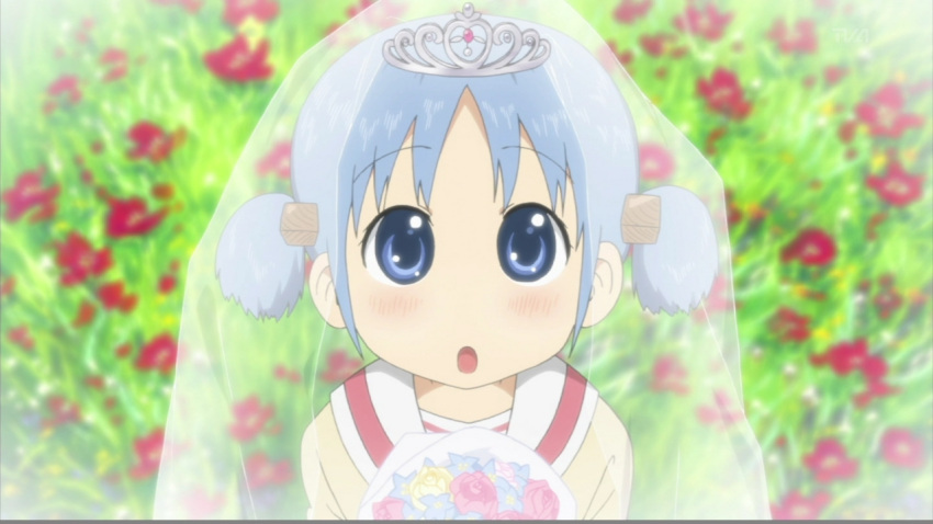 aioi, blue_eyes, blue_hair, blush, bouquet, flower, flowers, looking_at_viewer, mai, minakami, naganohara_mio, nichijou, open_mouth, screencap, short_hair, short_twintails, solo, tiara, twintails, veil, y?ko