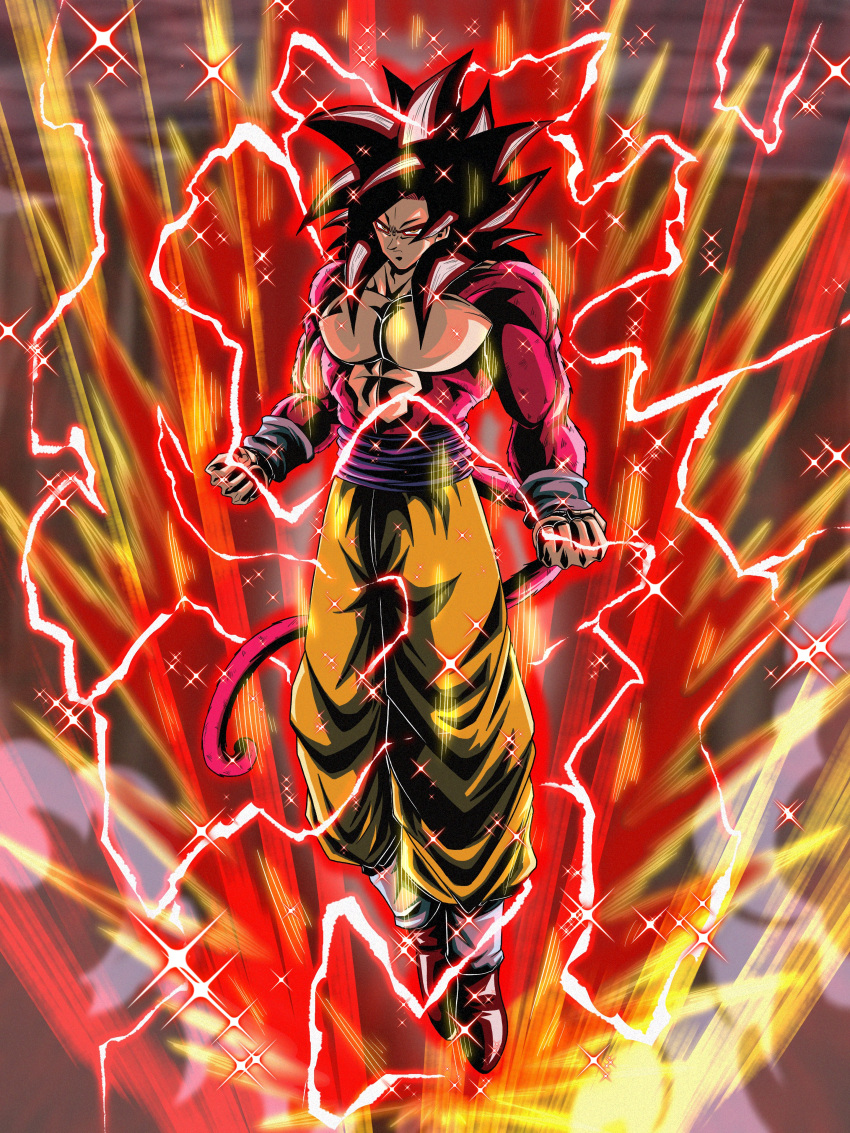 1boy, absurdres, aura, black_hair, blue_sash, body_fur, dragon_ball, dragon_ball_gt