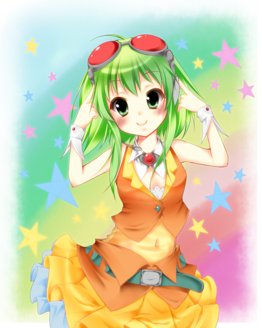 blush, goggles, goggles_on_head, green_eyes, green_hair, gumi, highres, looking_at_viewer, shierutei, short_hair, smile, solo, star, vocaloid