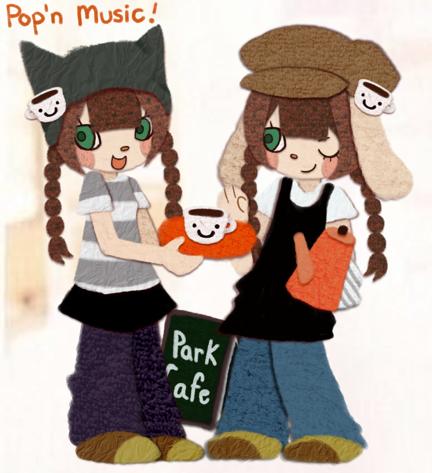 2girls, abcdef-t, animal_ears, apron, barista, beanie, bemani, beret