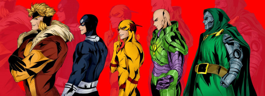 5boys, armor, bald, blonde_hair, bodysuit, bullseye_(marvel), cape, coat