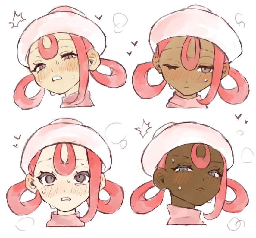 4girls, blush, breath, chamopichamo, commentary_request, dark-skinned_female, dark_skin, frown