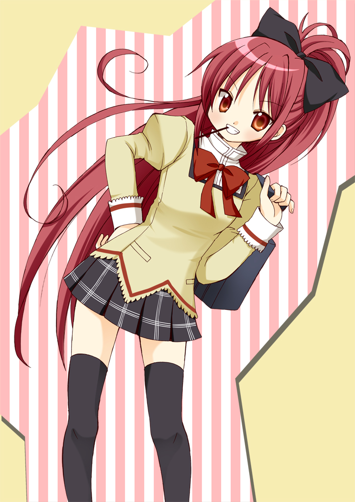 bag, grin, long_hair, mahou_shoujo_madoka_magica, otoneha, pocky, ponytail, red_eyes