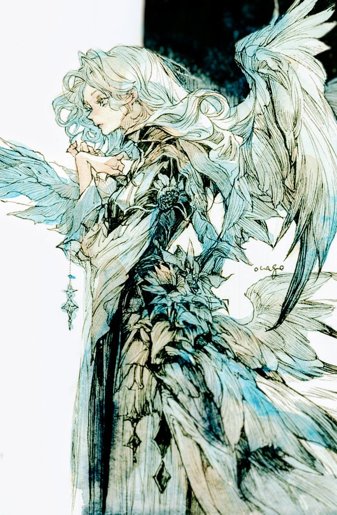 1girl, 7na5go, angel, dress, jewelry, long_hair, long_sleeves, original, skirt, solo, white_hair, wings