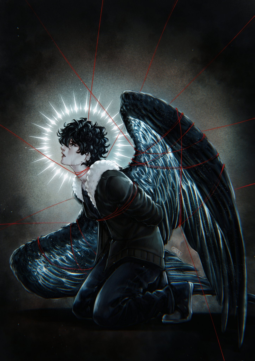 1boy, arms_behind_back, black_hair, black_jacket, black_wings, bound, bound_torso, crying