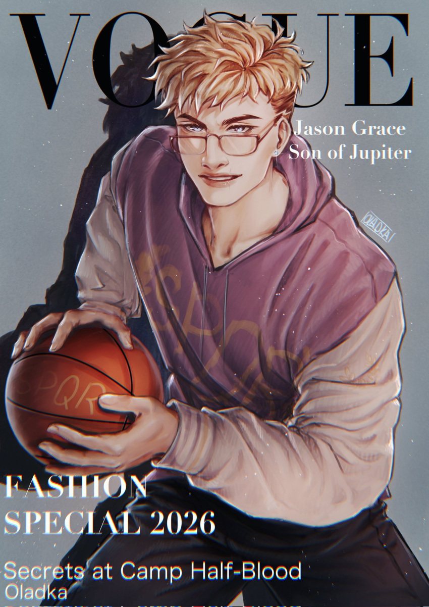 1boy, ball, basketball_(object), blonde_hair, buzz_cut, character_name, cover, cowboy_shot