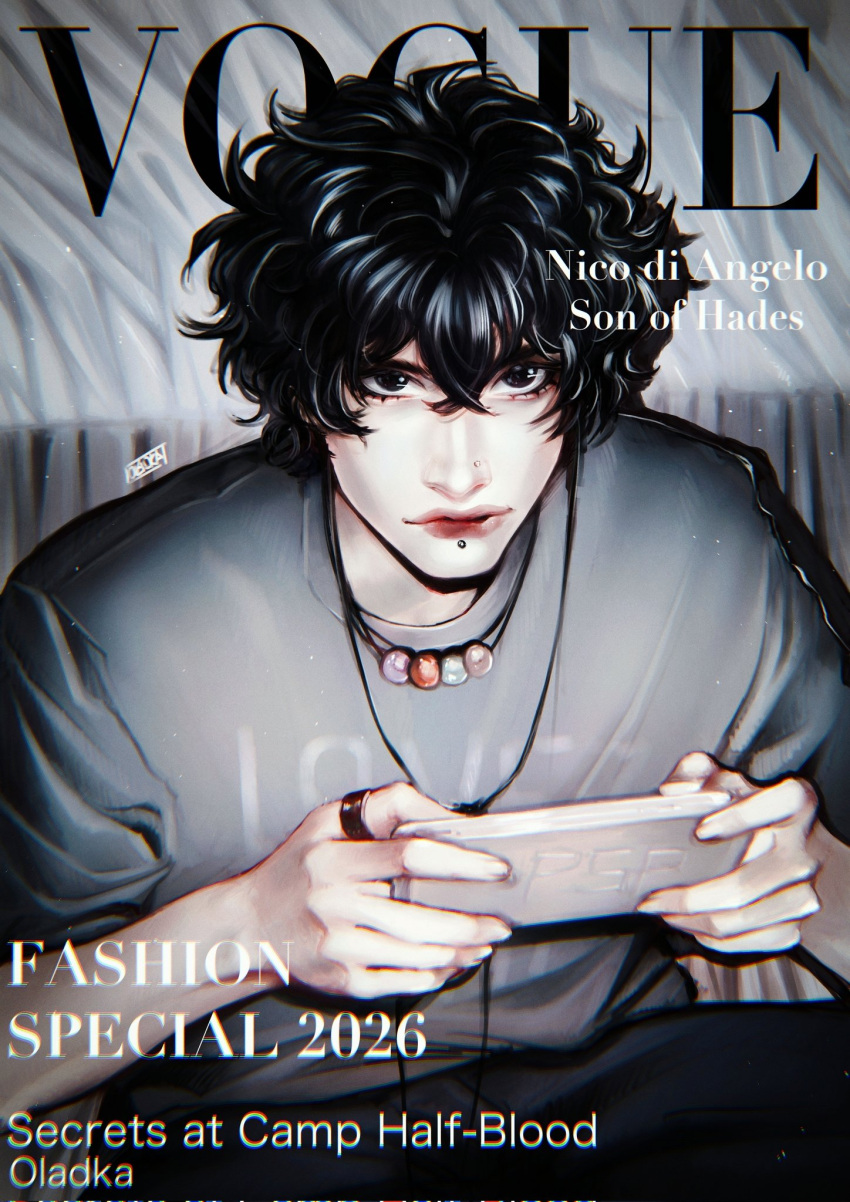 black_hair, black_shirt, character_name, controller, cover, crossed_bangs, double-parted_bangs, english_text